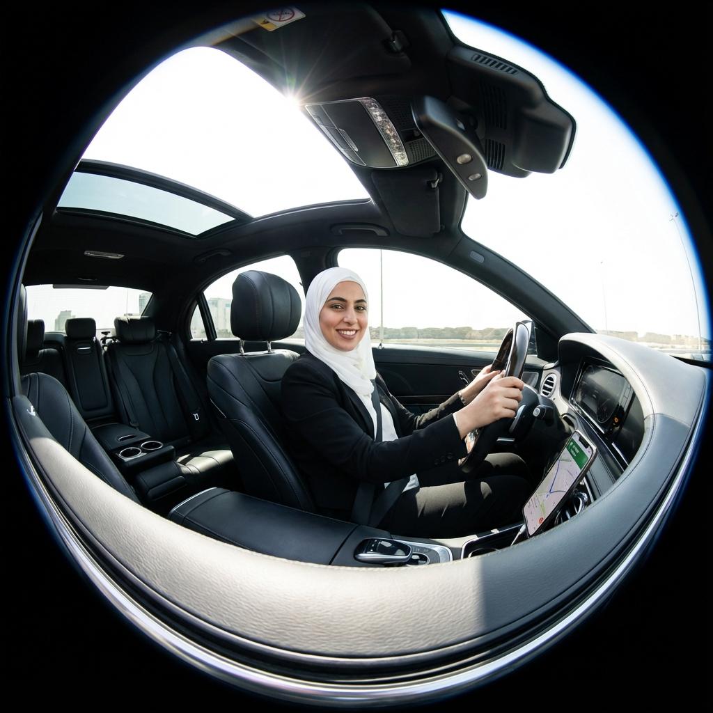 Femme chauffeur VTC souriante et protégée avec Kardem